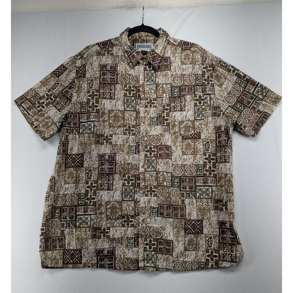 Haband Mens‎ Short Sleeve Button Down Shirt Brown Geometric Tribal Tile Print L